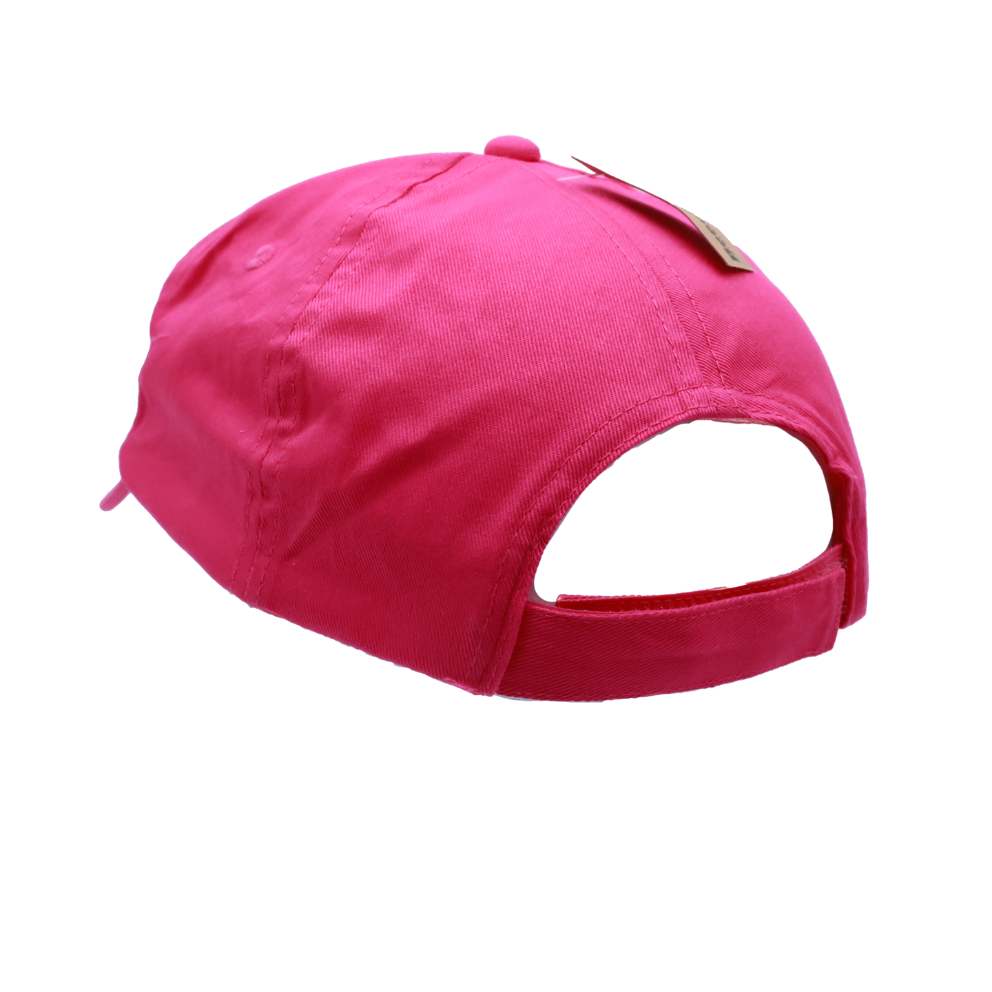 Bild: Es zeigt die 5-Panel Kappe für Jugendliche in pink von hinten. Hinten hat Sie einen Klettverschluss zur Größenanpassung. Seitlich sieht man eines der Belüftungslöcher.