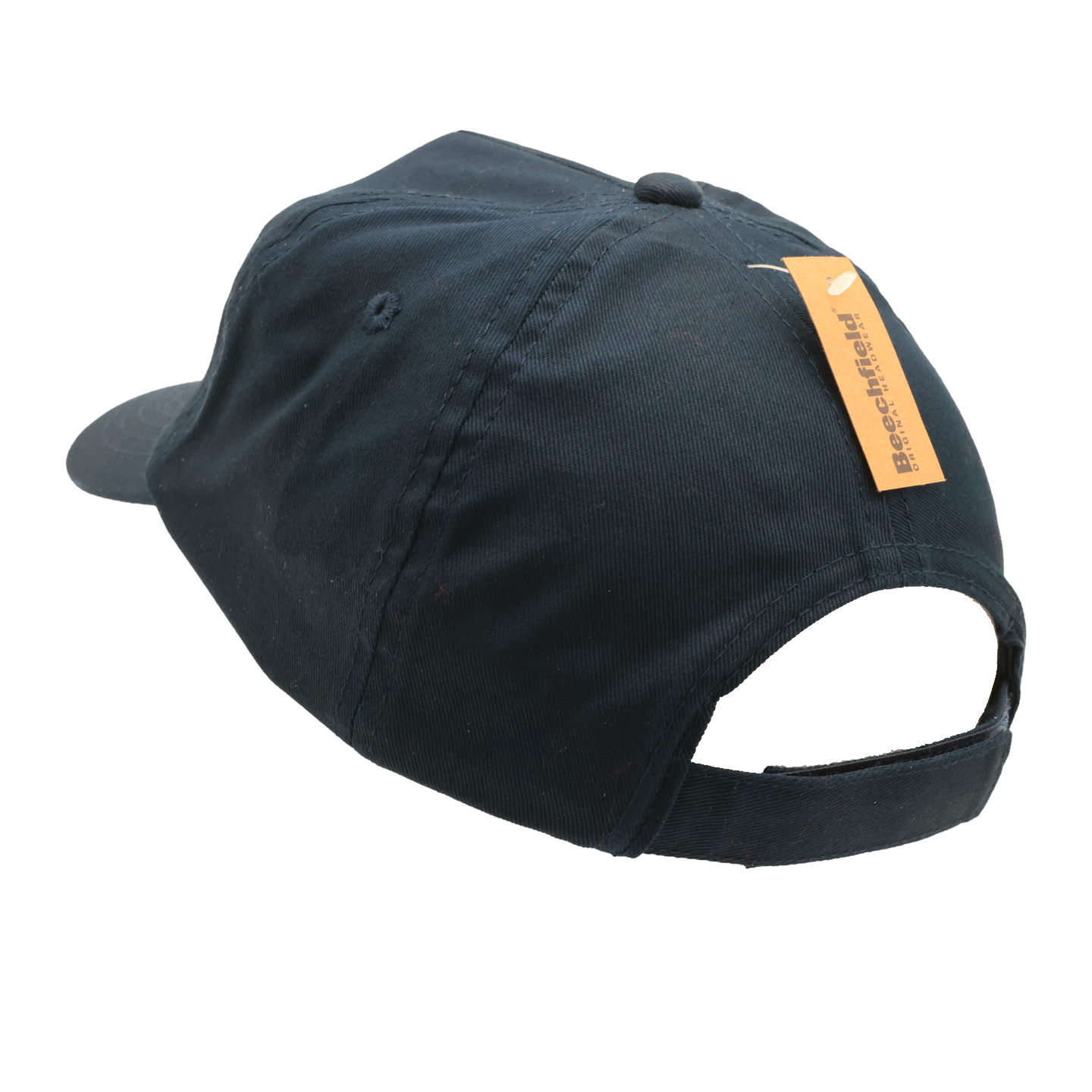 Bild: Es zeigt die 5-Panel Kappe für Jugendliche in dunkelblau von hinten. Hinten hat Sie einen Klettverschluss zur Größenanpassung, seitlich sieht man eines der Belüftungslöcher.