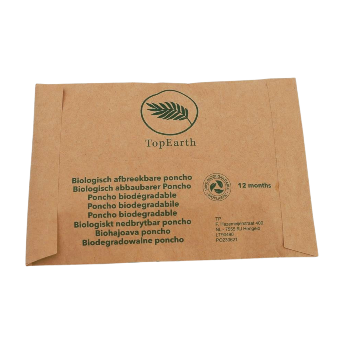 Bild: Es zeigt die Verpackung des Ponchos von hinten. Die wichtigsten Hinweise sind "12 months" (in deutsch 12 Monate). Außerdem stehen Hinweise zum Inhalt in verschiedenen Sprachen darauf.