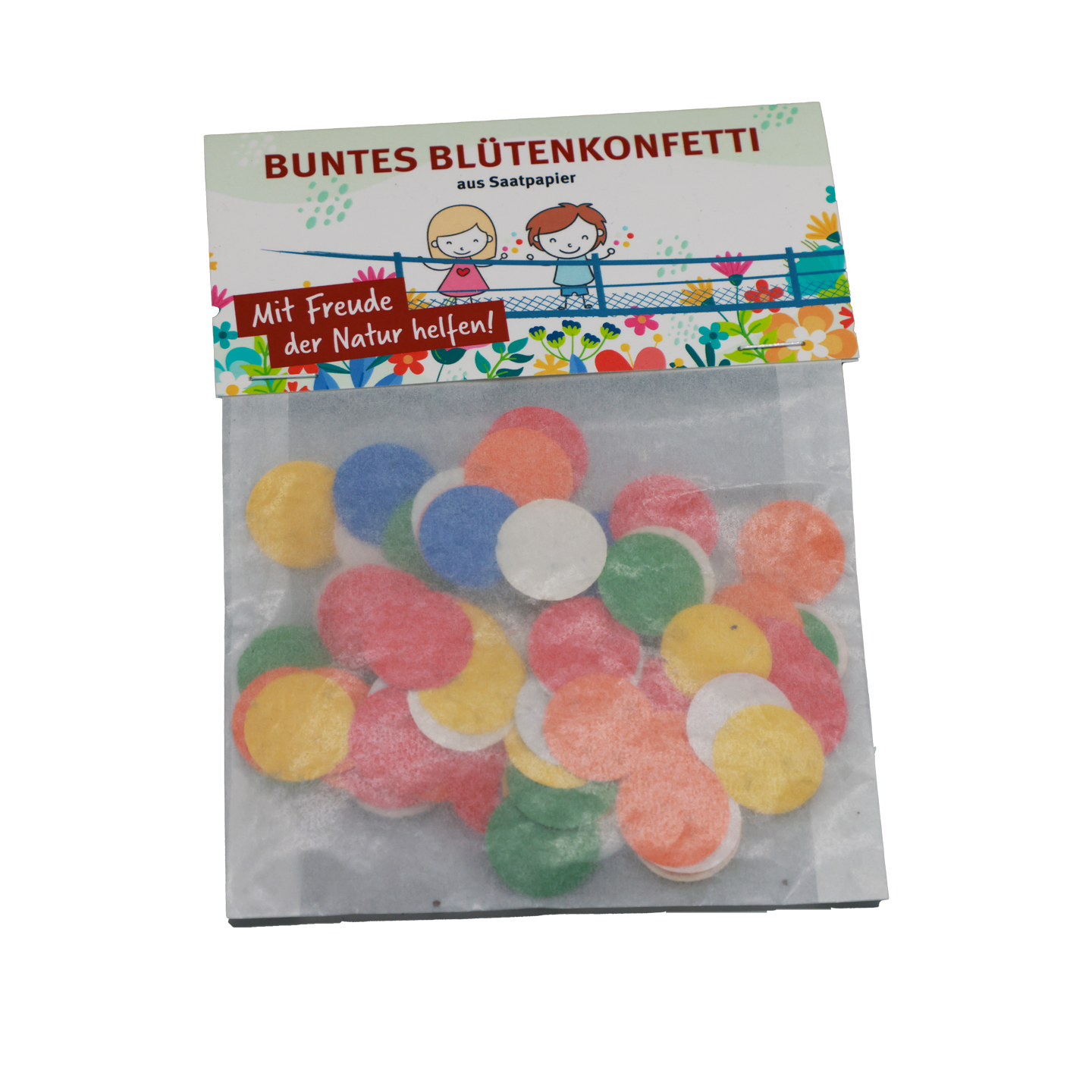 Bild: Zu sehen ist, eine Packung buntes Blühkonfetti zum Säen von einer Blumenmischung. Das Konfetti besteht aus umweltfreundlichem Saatpapier. Der Spruch: "Mit Freude der natur helfen!" steht auf der Papierverpackung.