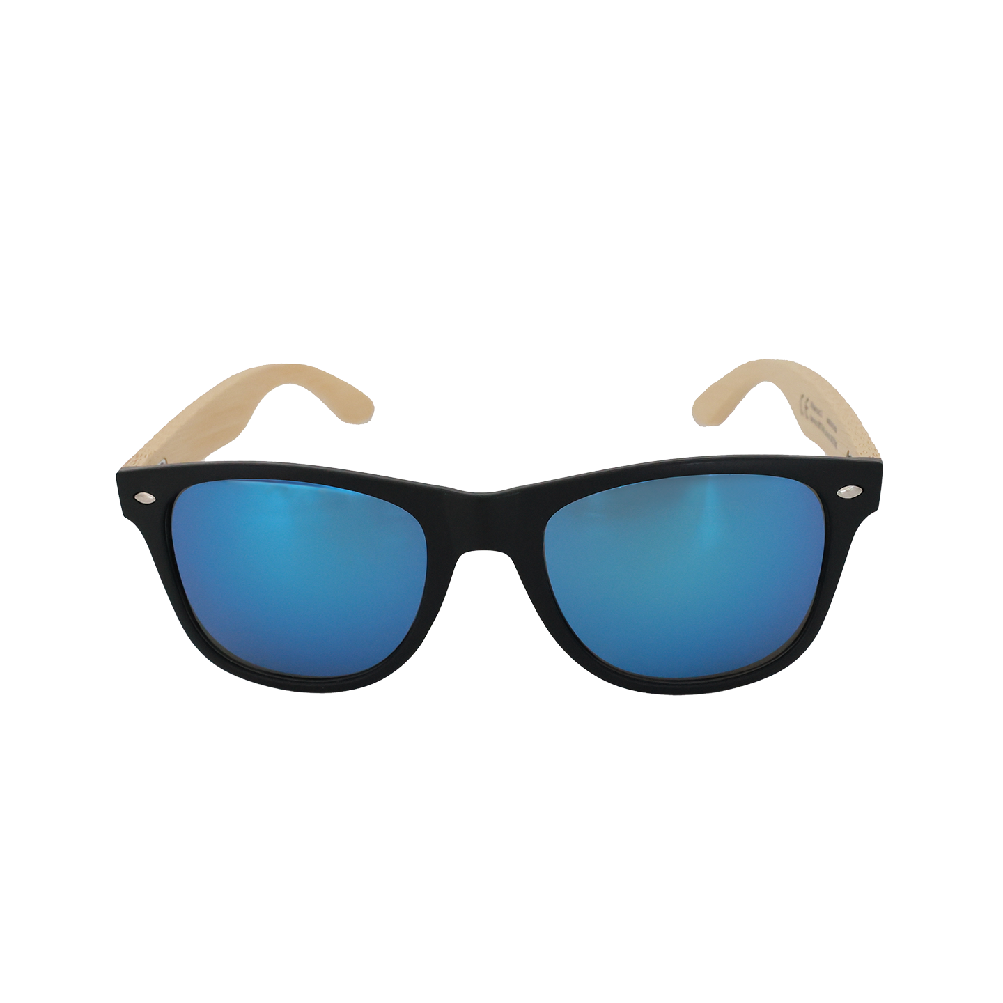 Bild: Es zeigt die Sonnenbrille von vorne. Die Brille hat eine schwarze Vollumrandung der blau verspiegelten Sonnenschutzgläser. Seitlich hat sie jeweils eine Fixierverbingung zum Bügel in silbernem Glanz.