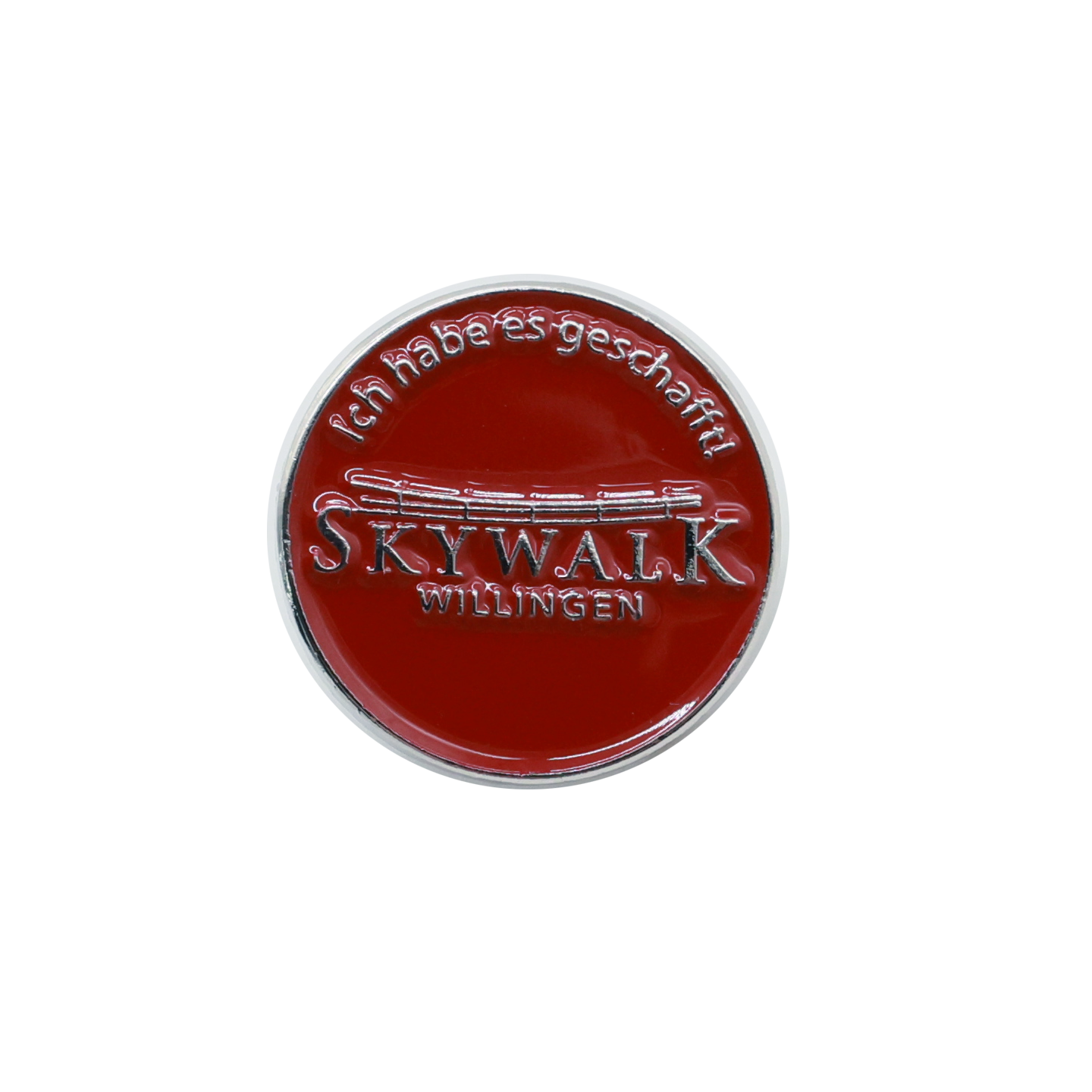 Bild: Zu sehen ist der runde rote Pin mit dem Skywalklogo und dem Spruch: "Ich habe es geschafft"