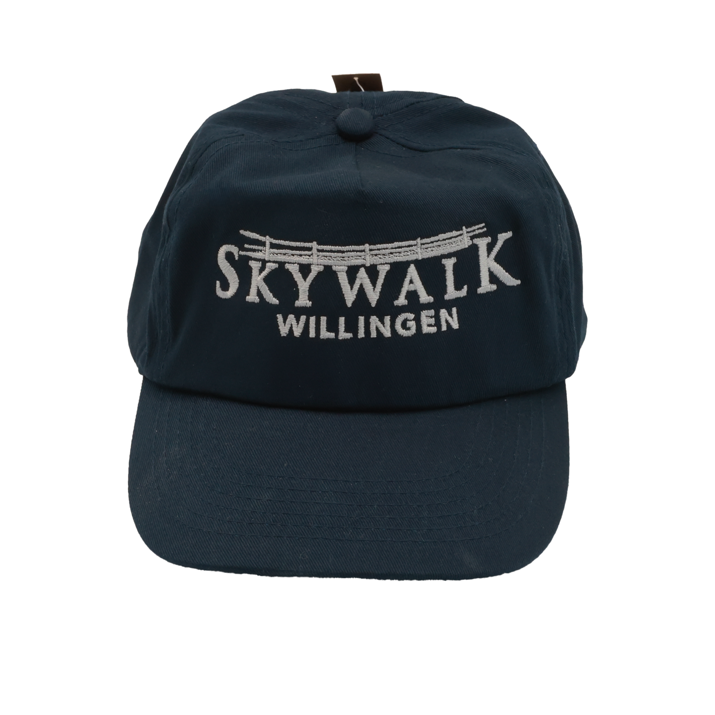 Bild: Das Bild zeigt die dunkelblaue 5-Panel Kappe für Jugendliche in der frontalen Ansicht. Vorne ist sie hellgrau mit dem Skywalk-Willingen-Logo bestickt. 